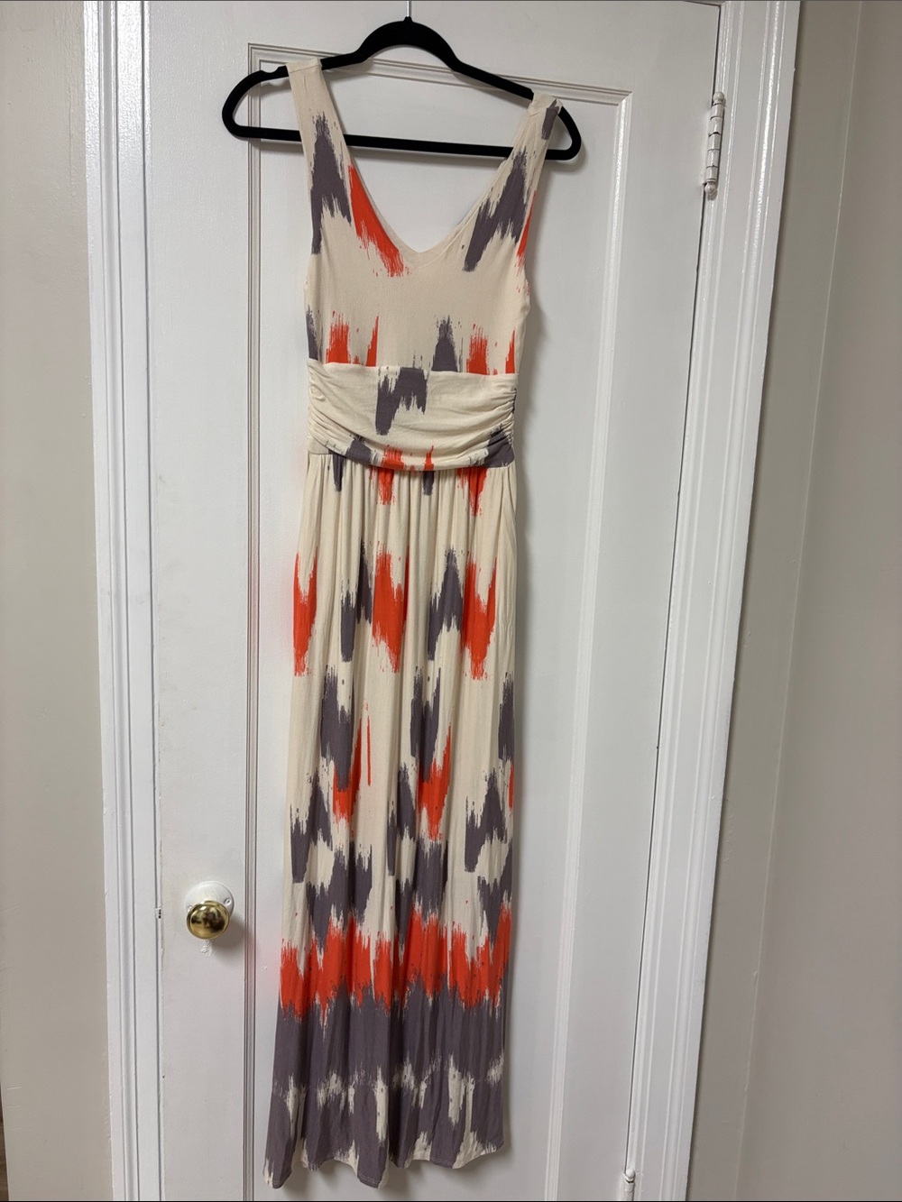Anthropologie Cream Maxi Dress with Orange & Gray Brushstroke Print